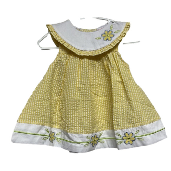 NEW Vintage Seersucker 12 Month Yellow White Plaid Flower Collared Dress Prairie - Picture 1 of 6